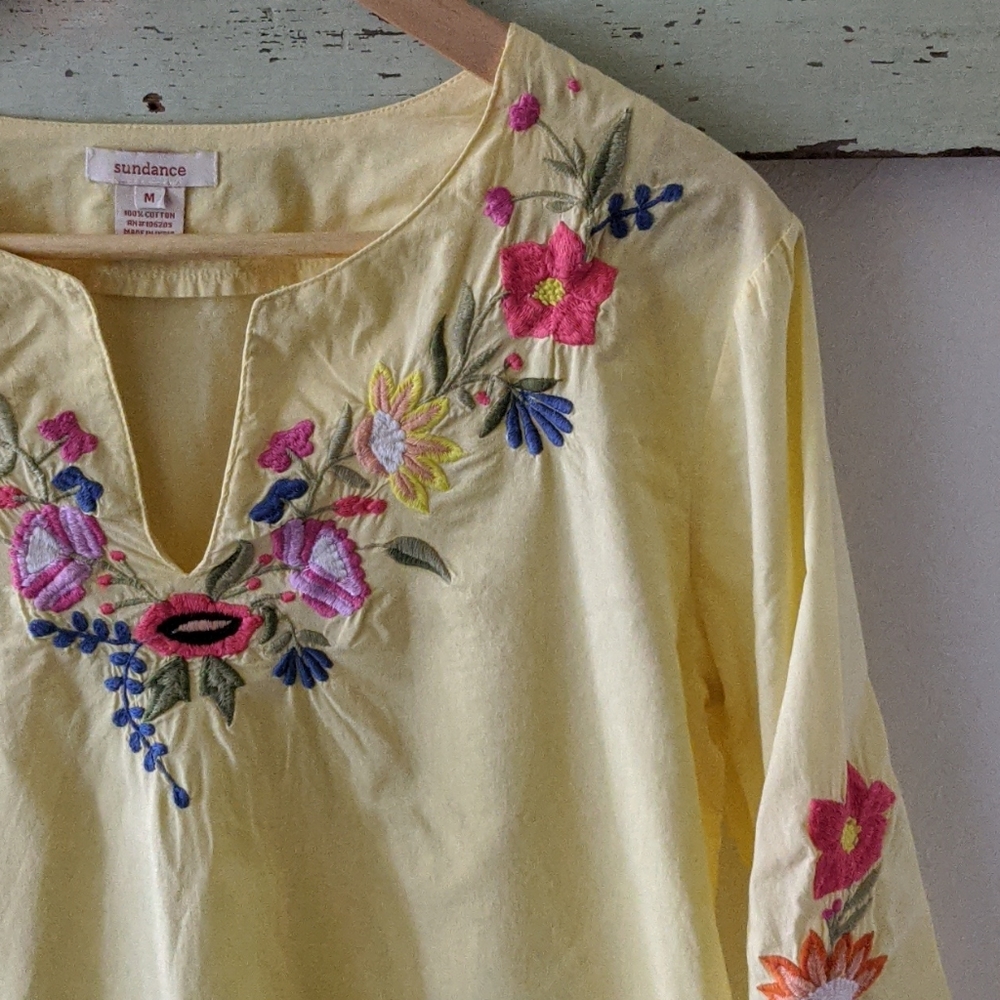 SUNDANCE I Vintage Yellow Embroidered Bohemian Blouse Top, M